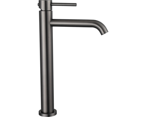 Hög tvättställsblandare med ettgreppshandtag och lång pip i mörk metallfinish.