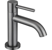 Ettgrepps tvättställsblandare i borstat mörkt rostfritt stål med modern design.
