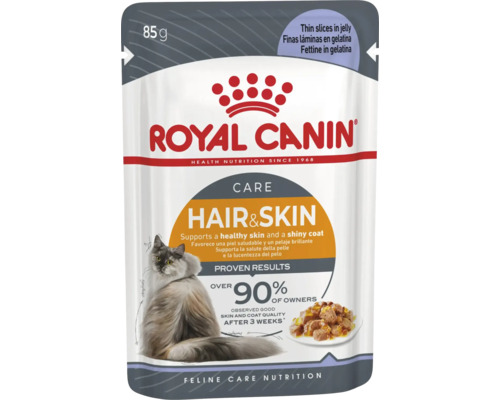 Royal Canin Care Hair und Skin kattmat, tunna skivor i gelé, 85 gram portionspåse.