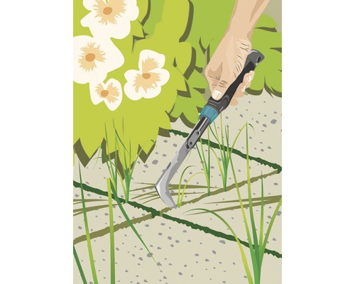 En person använder ett ogräsjärn i trädgården för att bekämpa ogräs.