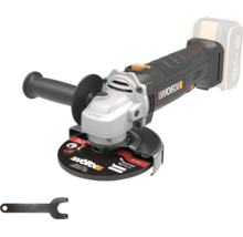 Batteridriven vinkelslip från Worx med sidohandtag, slipskiva och tappnyckel.