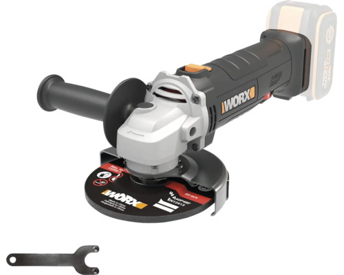 Batteridriven vinkelslip från Worx med sidohandtag, slipskiva och tappnyckel.
