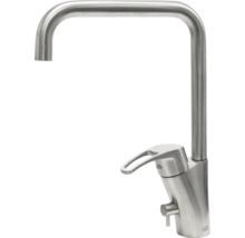 Modern köksblandare i borstat rostfritt stål med hög U-pip och engreppsblandare.
