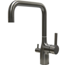 Köksblandare med hög U-pip och extra spak i mörk metalllook.