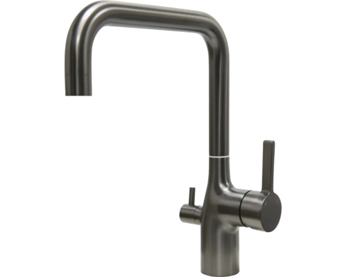 Köksblandare med hög U-pip och extra spak i mörk metalllook.