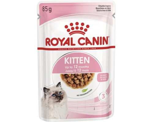 Royal Canin Logo, Royal Canin Kitten våtfoder, bitar i sås, 85 gram, för kattungar upp till 12 månader, utan konserveringsmedel.