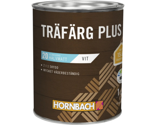 En burk Hornbach Träfärg Plus träfärg, en väderbeständig skyddsfärg för utomhusbruk.