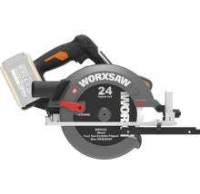 Batteridriven cirkelsåg Worx Worxsaw WX533L med 24-tands hårdmetallklinga och dammutsugsanslutning.