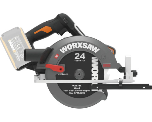 Batteridriven cirkelsåg Worx Worxsaw WX533L med 24-tands hårdmetallklinga och dammutsugsanslutning.