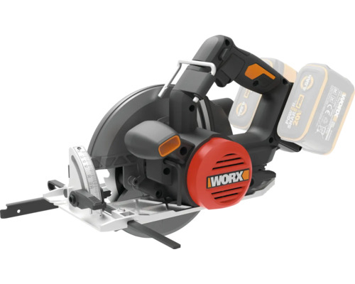 Batteridriven handcirkelsåg från WORX med sågklinga, skyddskåpa och justerbar bottenplatta.