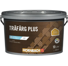 Vit träfärg Träfärg Plus från Hornbach i 10 liters hink med 15 års långtidsskydd och väderbeständiga egenskaper