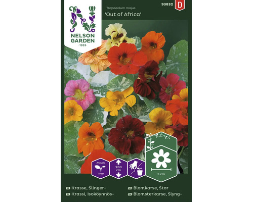 Fröpåse Slingerkrasse Tropaeolum majus Out of Africa med färgglada blommor, brokiga blad, ettårig, Nelson Garden Logo.