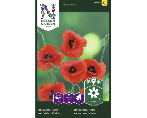 Nelson Garden Logo. Fröpåse för röd kornvallmo Papaver rhoeas, ettårig, höjd 40 till 50 centimeter, blomma 6 centimeter, bivänlig.