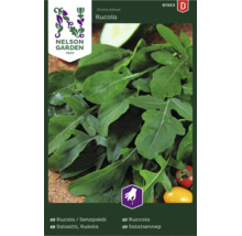 Nelson Garden Logo, fröpåse rucola Eruca sativa med bild på färska blad och symbol för direktsådd.