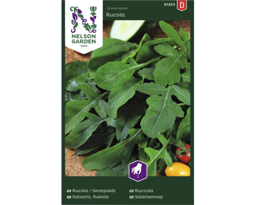 Nelson Garden Logo, fröpåse rucola Eruca sativa med bild på färska blad och symbol för direktsådd.