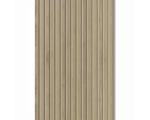 Väggpanel med vertikala ribbor i träimitation.