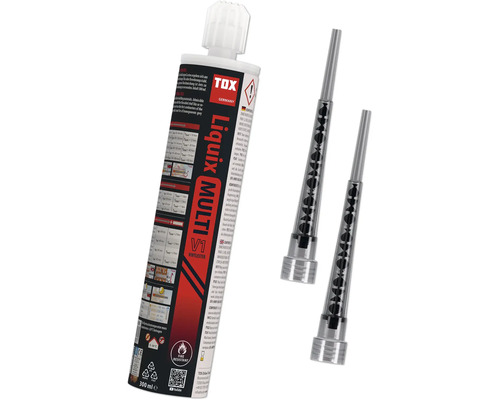 Injektionsbruk TOX Liquix Multi V1 vinylester 300 milliliter inklusive två blandningsrör. Brandbeständig. TOX Logo.