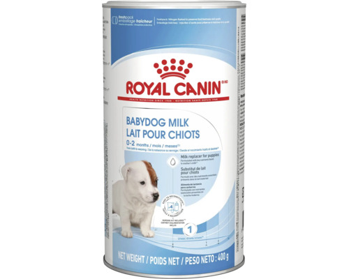 Royal Canin Babydog Milk, mjölkersättning för valpar från noll till två månader, 400 gram burk med Royal Canin Logo.