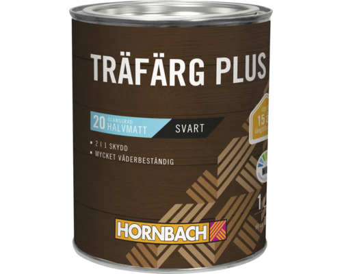 En burk Hornbach Träfärg Plus träfärg, en väderbeständig trälasyr för utomhusbruk.