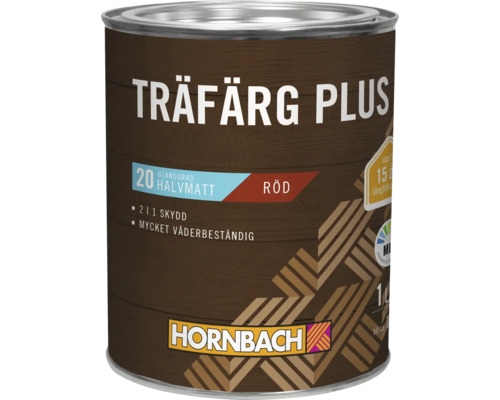 Burk med Hornbach Träfärg Plus träfärg i rött med halvblank glansgrad