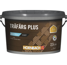 En färgburk med 2,5 liter svart träfärg för utomhusbruk från Hornbach med upp till 15 års hållbarhetsskydd.
