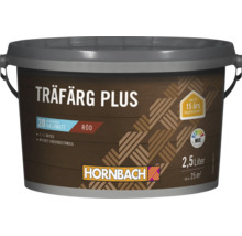 Hink med 2,5 liter Hornbach Träfärg Plus träfärg i rött, halvblank, väderbeständig för utomhusbruk.