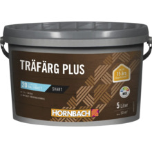 En fem liters hink Hornbach Träfärg Plus träfärg i svart för utomhusbruk med 15 års långtidsskydd och halvmatta glans.