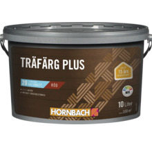 Hink med träfärg Träfärg Plus i rött, 10 liters förpackning för utomhusbruk med upp till 15 års långtidsskydd, Hornbach logotyp.