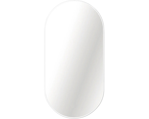 Oval väggspegel med vit ram, kapselform.