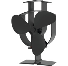 Svart kaminfläkt av metall med tre blad för kaminer.