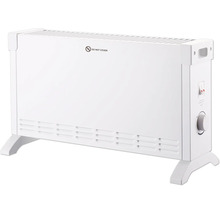 Fristående elektrisk konvektor med termostatvred, två strömbrytare och ventilationsgaller.