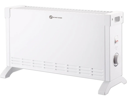 Fristående elektrisk konvektor med termostatvred, två strömbrytare och ventilationsgaller.