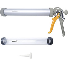 Precit fogpistol av aluminium och plast med ett extra genomskinligt rör och ett vitt munstycke.