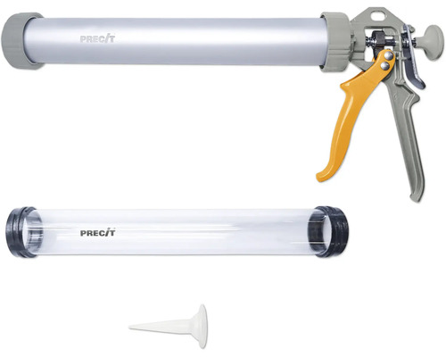 Precit fogpistol av aluminium och plast med ett extra genomskinligt rör och ett vitt munstycke.