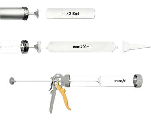 Precit fogpistol för patroner upp till maximalt 310 milliliter och påsar upp till maximalt 600 milliliter.