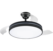 Modern takfläkt med LED-belysning och infällbara fläktblad.