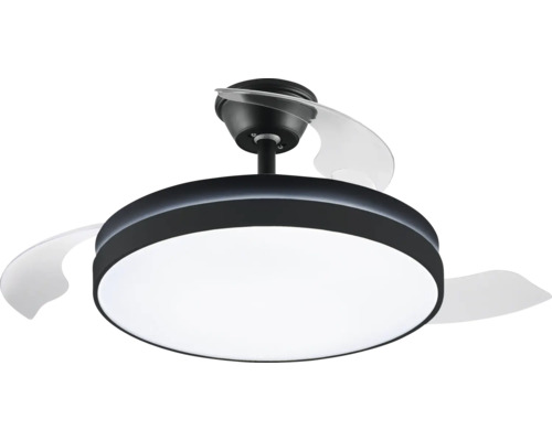 Modern takfläkt med LED-belysning och infällbara fläktblad.