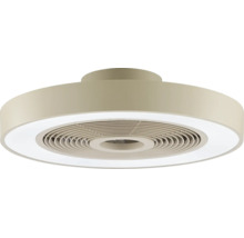 Modern takfläkt med integrerad LED-ljusring och runt hölje.