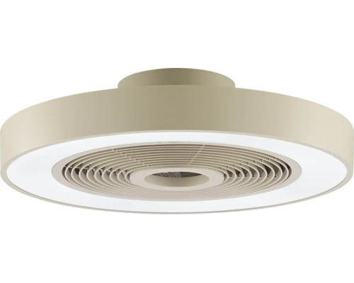 Modern takfläkt med integrerad LED-ljusring och runt hölje.