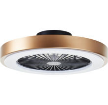 Modern rund takfläkt i bronsutförande med integrerad LED-ljusring och skyddsgaller.