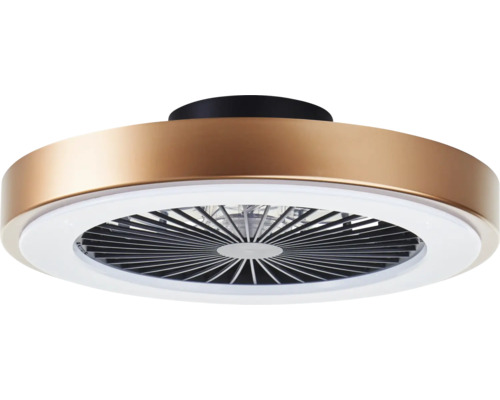 Modern rund takfläkt i bronsutförande med integrerad LED-ljusring och skyddsgaller.