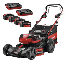 Einhell batteridriven gräsklippare med fyra batterier, två dubbelladdare och uppsamlare.