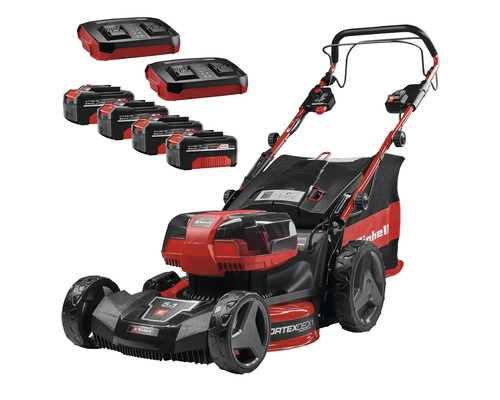 Einhell batteridriven gräsklippare med fyra batterier, två dubbelladdare och uppsamlare.