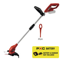Einhell batteridriven grästrimmer med teleskopskaft, extra handtag och 20 reservknivar. Batteri och laddare ingår inte.