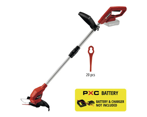 Einhell batteridriven grästrimmer med teleskopskaft, extra handtag och 20 reservknivar. Batteri och laddare ingår inte.