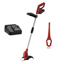 Einhell batteridriven grästrimmer set inklusive laddare, batteri och 20 reservknivar.