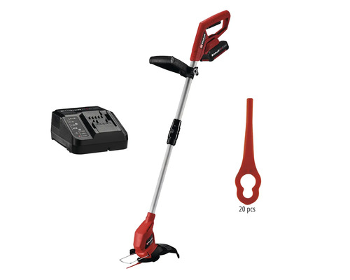 Einhell batteridriven grästrimmer set inklusive laddare, batteri och 20 reservknivar.