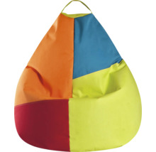 Flerfärgad saccosäck i droppform med bärhandtag.