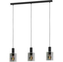 Svart taklampa med tre ljuskällor i metall och glas med synliga glödlampor.
