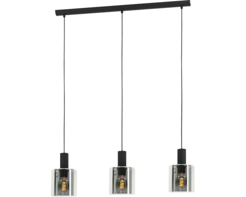 Svart taklampa med tre ljuskällor i metall och glas med synliga glödlampor.